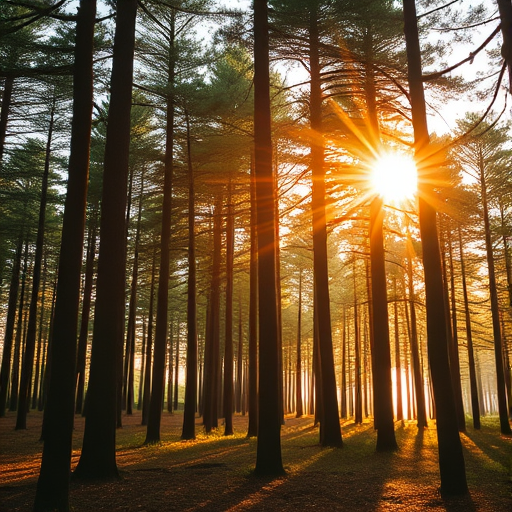 Regenerate a serene forest scene with golden sunlight filtering through tall trees, soft shadows on the ground, ISO 100, f/4.0, shutter speed 1/125s, 24mm wide-angle lens, shot in natural light with a DSLR camera.
