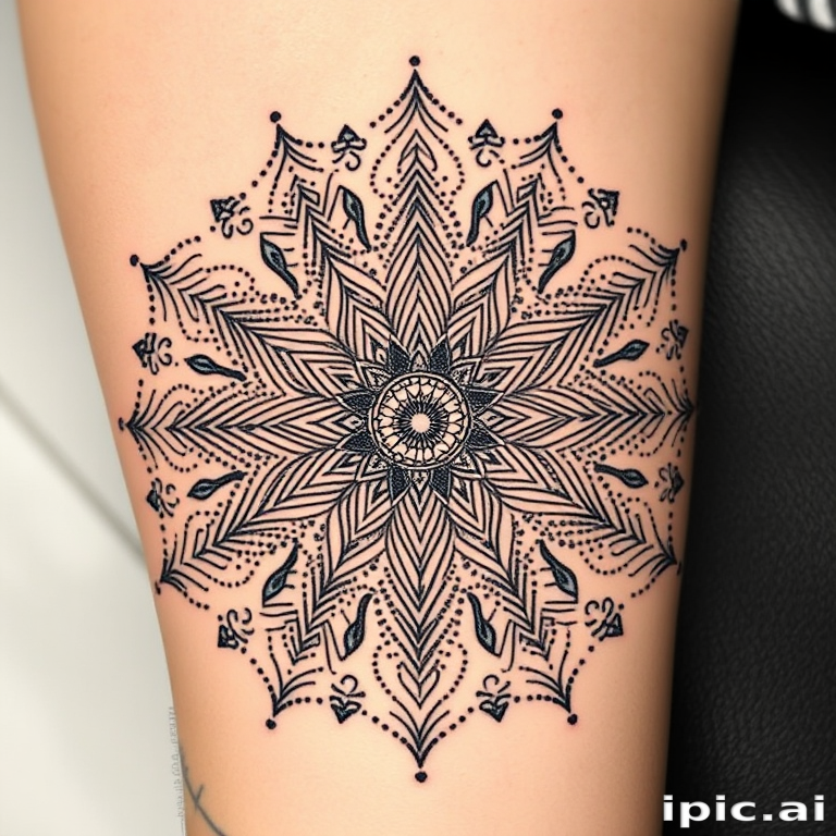 Dotwork mandala tattoo named "Cosmic Harmony" featuring intricate patterns and symmetrical designs created entirely from tiny dots, with gradual shading and sacred geometry elements inspired by ancient spiritual traditions