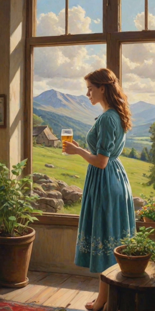 In "A Glass of Beer on the Highland," a serene scene is depicted in a sunlit room where a woman in a vibrant blue dress stands by a large window. She holds a tray with a hearty meal and a frothy glass of beer, embodying a moment of relaxation. Outside, the breathtaking highland landscape features rolling green hills and a charming traditional house, all bathed in warm afternoon light. The interior is adorned with potted plants, creating a harmonious blend of comfort and nature. The painting beautifully captures the tranquility and joy found in simple pleasures amidst stunning scenery