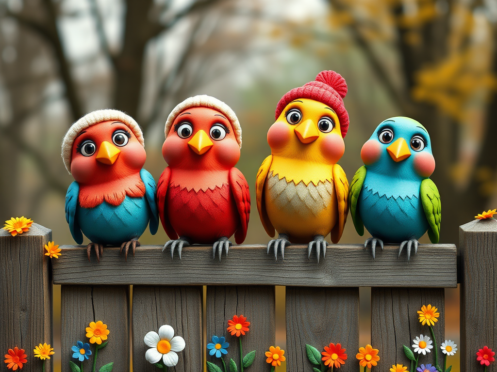 create a scene of 4 quirky whimsical colourful comical birds each with a funny expression. they are sat on a wooden fence with colourful flowers. they are all different sizes. each one is a different colour one is wearing a woolly hat. Each one has a different quirky google expression and there is a muted background of trees watercolour paintierly style high definition 8k resolution 3D paper mache