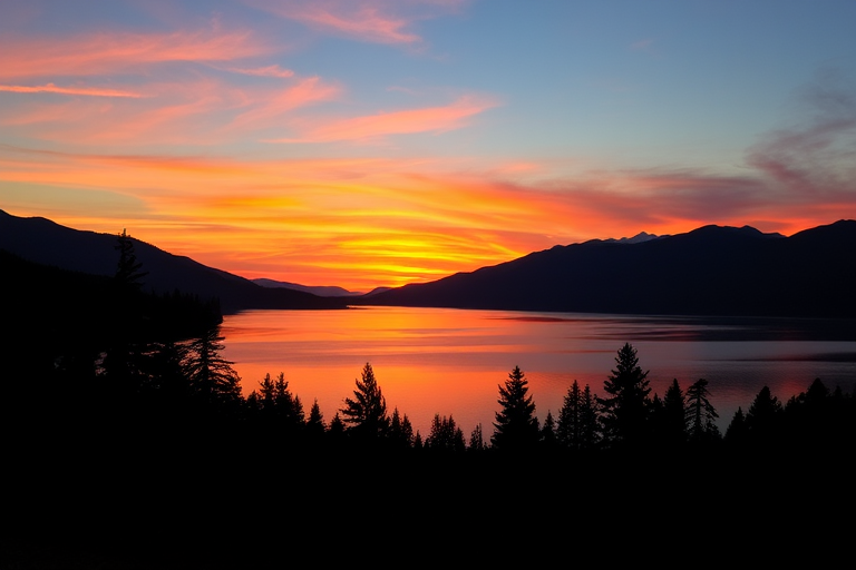 Capture a vibrant sunset over a serene lake with silhouettes of mountains in the background, using a DSLR camera, aperture set to f/8 for depth of field, ISO 100 for low grain, and a focal length of 24mm for a wide angle view.