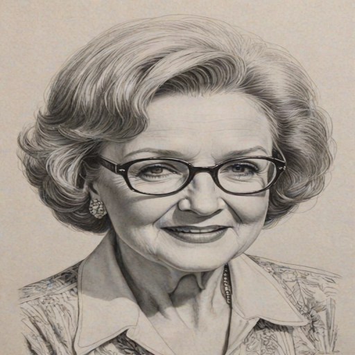 Alluring Betty White, pencil sketch, portrait of Dazzling woman 1977s in glasses, hair style beatnik, outline, clear lines, fine lines, 8k