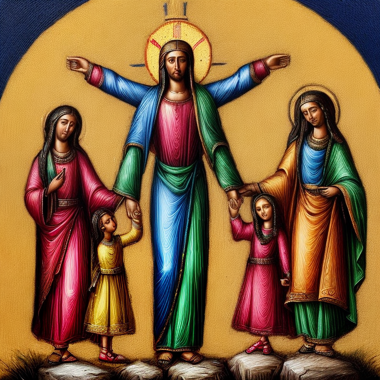 family by the cross holding hands in god's light