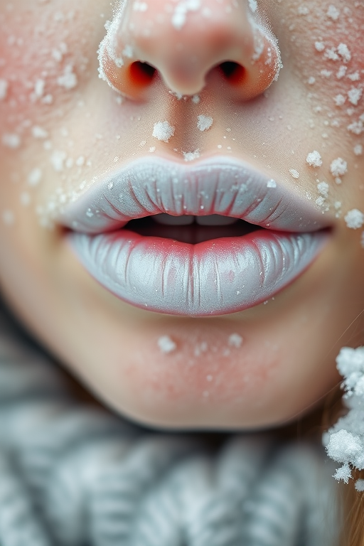 Frosted white lips with a pearlescent finish, reminiscent of freshly fallen snow, creating a winter wonderland-inspired look for a holiday-themed photoshoot
