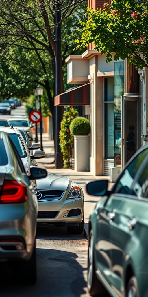 Regenerate the image of a street scene featuring parked cars and a storefront, captured with a DSLR camera using a 50mm lens at f/1.8 for shallow depth of field, ISO 200 for clarity, and a shutter speed of 1/250s, shot in bright daylight to enhance colors and details.