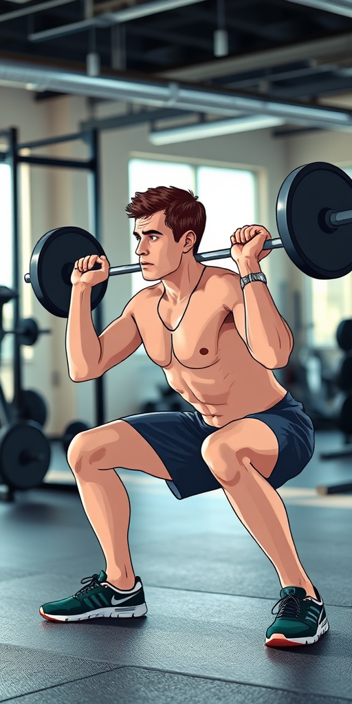 Create a detailed illustration of a person performing a squat, focusing on form and posture, shot in a well-lit gym environment with natural light, using a DSLR camera at 50mm focal length, aperture f/2.8, ISO 200, and a shallow depth of field for background blur.