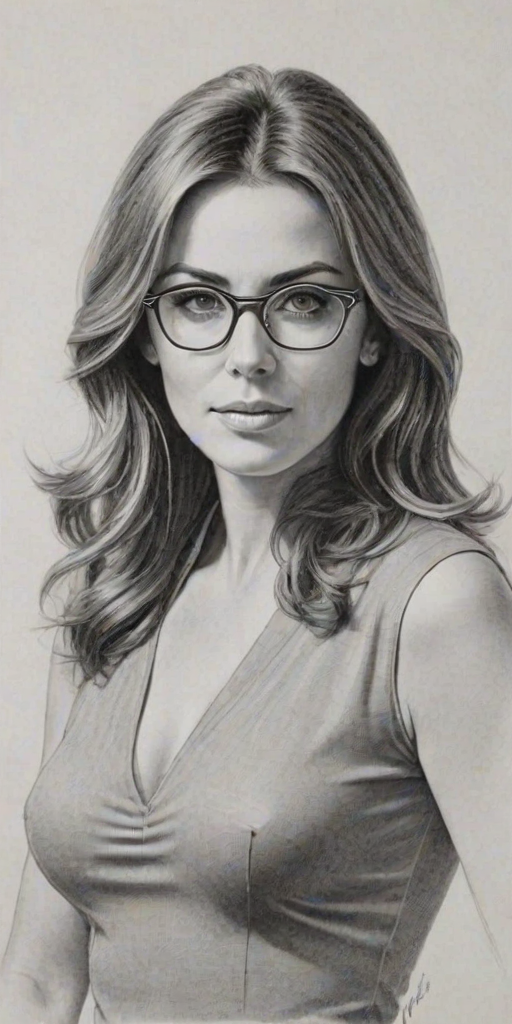 Comely Elizabeth Hurley, pencil sketch, portrait of Lovely woman 1931s in glasses, hair style beatnik, outline, clear lines, fine lines, 8k