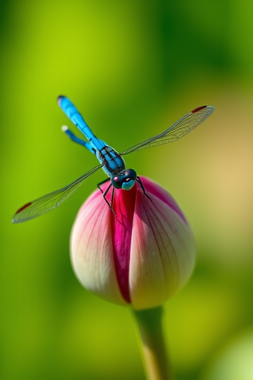 macro shot of a blue dragonfly perched on a lotus bud with a soft green background, aperture f/2.8, shutter speed 1/200s, ISO 100, 100mm lens, DSLR camera, natural lighting, shallow depth of field