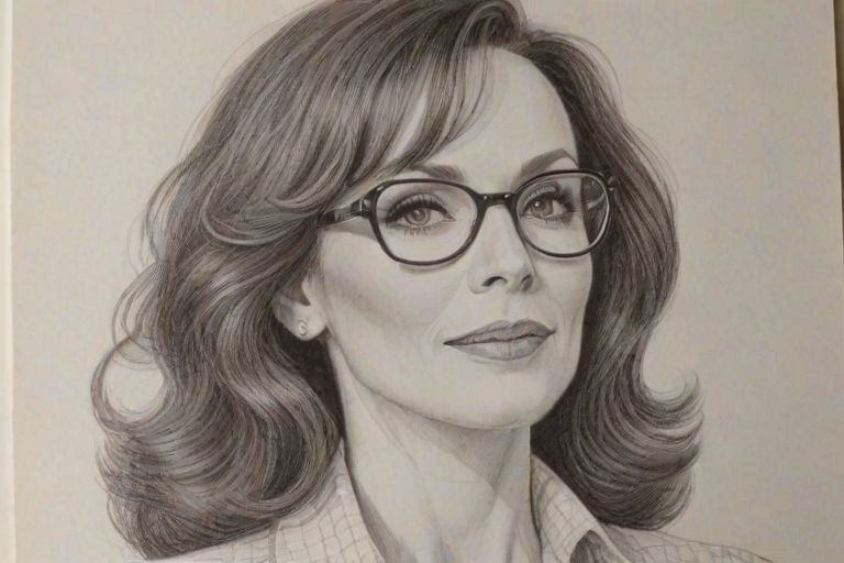 Enchanting Marilu Henner, pencil sketch, portrait of Dazzling woman 1948s in glasses, hair style beatnik, outline, clear lines, fine lines, 8k