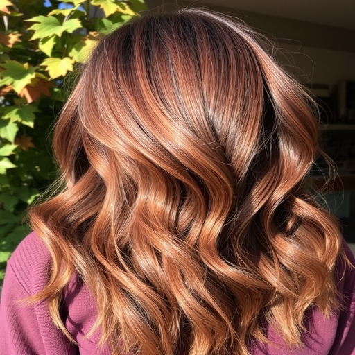 Rich mahogany locks styled in the "Woodland Whisper" fashion flow in loose, tousled waves with subtle copper highlights reminiscent of sunlight filtering through autumn leaves