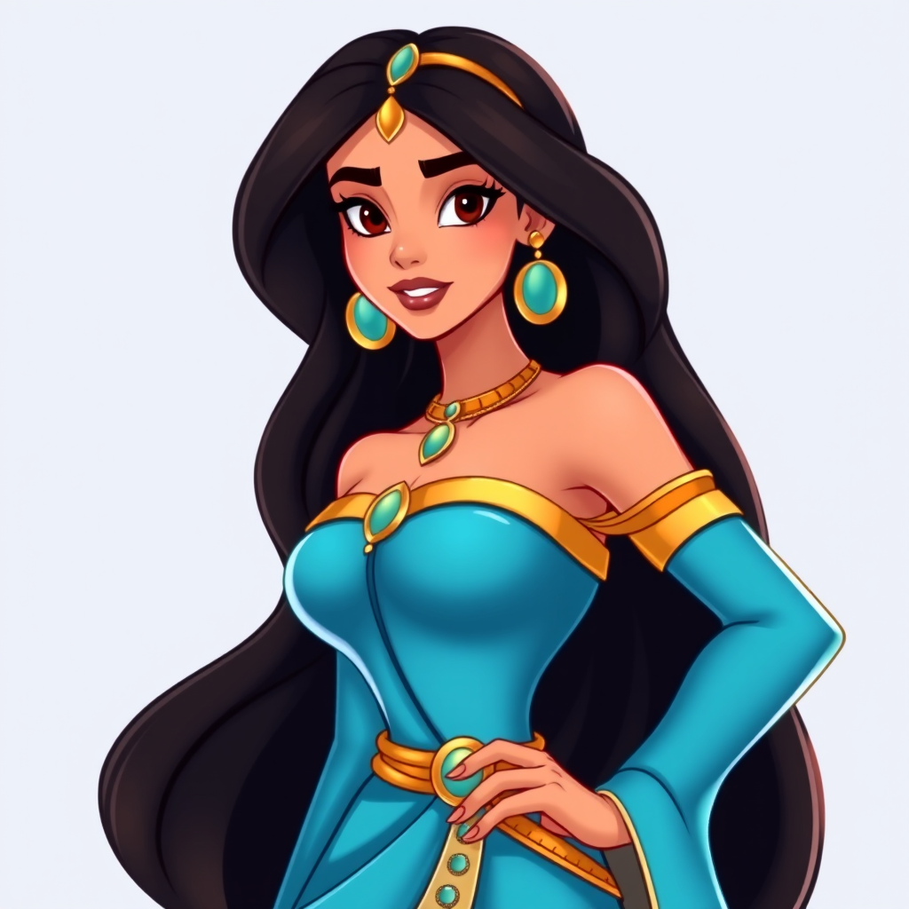Create an illustration of an animated princess jasmine of aladdin with long dark hair, wearing a detailed flowing blue outfit and gold accessories. She stands confidently, exuding charm and grace.