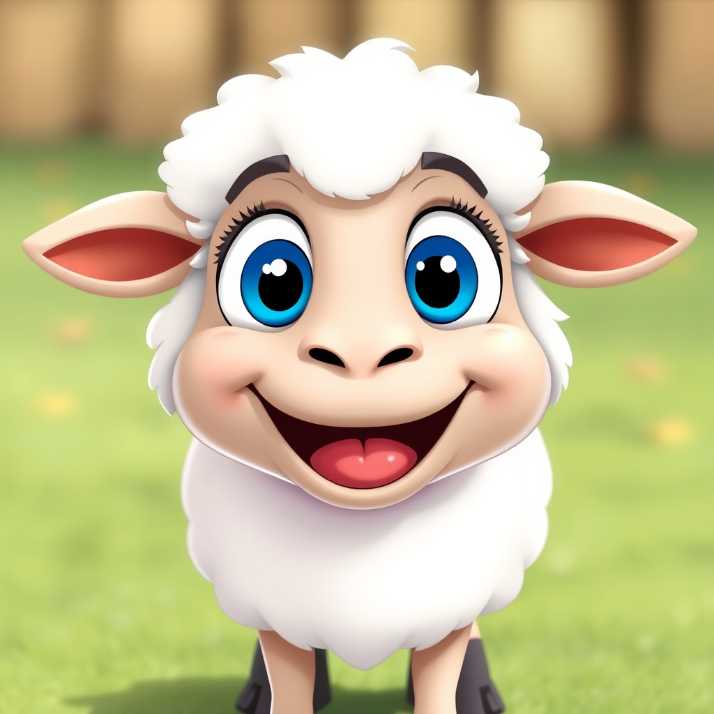 Create a cartoon-style illustration of a cheerful sheep with large blue eyes and a big smile, fluffy white wool, and playful nature, using a high-resolution digital camera at f/4 aperture, 50mm lens, ISO 100, shot from a slightly low angle for a dynamic perspective.