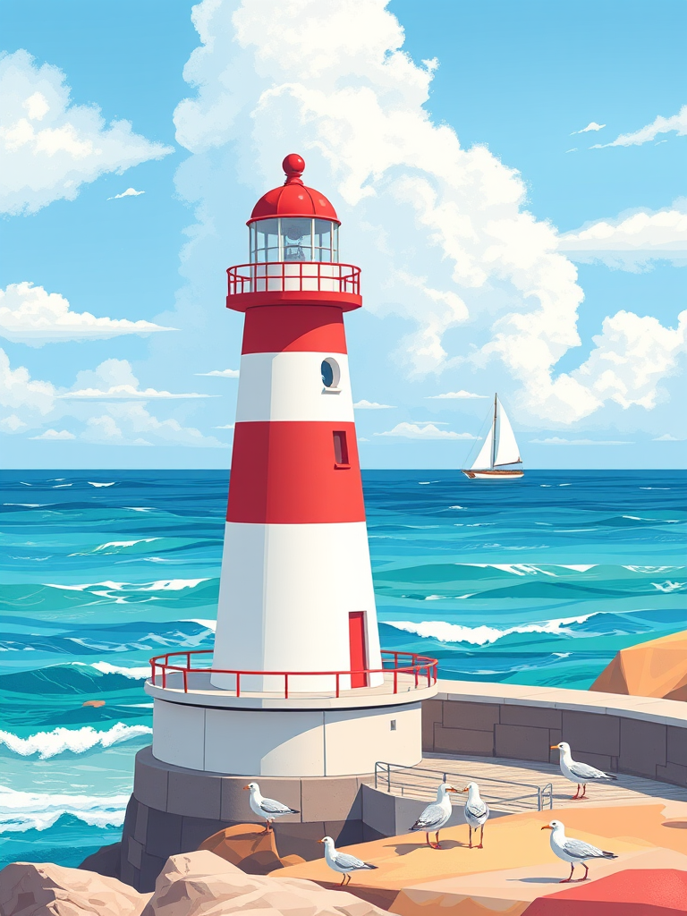 Create a vibrant illustration of a red and white lighthouse by the sea with a sailboat in the background, seagulls on the shore, bright blue ocean waves, and a clear sky with fluffy clouds, captured with a DSLR camera, 50mm lens, f/2.8 aperture, ISO 100, and 1/200 shutter speed for enhanced clarity and colors.