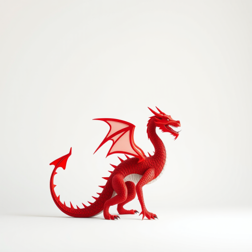 Create a high-resolution image of a stylized red dragon, captured with a Canon EOS R5, 50mm lens, aperture f/2.8, ISO 100, in a minimalistic design with a white background, utilizing soft lighting for a clean look.