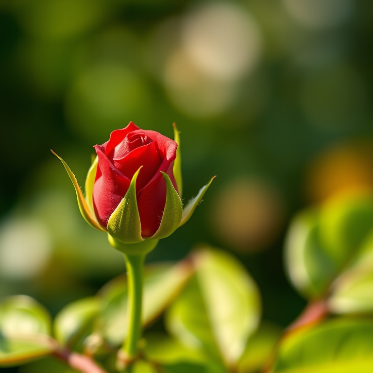 Capture a close-up of a single red rosebud on a green stem with lush green leaves in a soft-focus background, using a DSLR camera with an aperture of f/2.8, ISO 100, 50mm lens, and natural lighting to enhance vibrancy and detail.