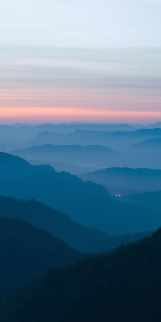 create a serene mountain landscape with layered blue tones, soft fog, and a gradient sky during sunrise, captured with a DSLR camera, 50mm lens, aperture f/8, ISO 100, and a wide-angle view to enhance depth and detail