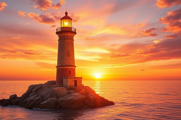 Generate an image of a tall lighthouse perched on a rocky outcrop surrounded by calm ocean waters during a breathtaking sunset. The lighthouse stands sturdy and weathered, its stone surface illuminated by the warm golden light of the setting sun. The sun's rays pass directly through the glass lantern room at the top of the lighthouse, casting a brilliant light across the scene. The sky is painted with vibrant shades of orange, pink, and purple, reflecting off the tranquil sea. The surrounding water shimmers with the same warm hues, creating a serene and majestic atmosphere.