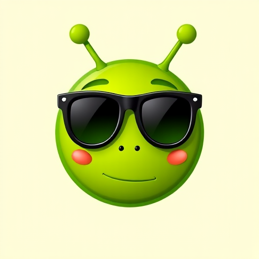 Generate a vibrant cartoonish green alien emoji with a circular face, flat expression, wearing black sunglasses, with two antennae on top, high resolution, 4K, shot with a DSLR camera at f2.8 aperture, 50mm lens, natural daylight, studio lighting for clarity.