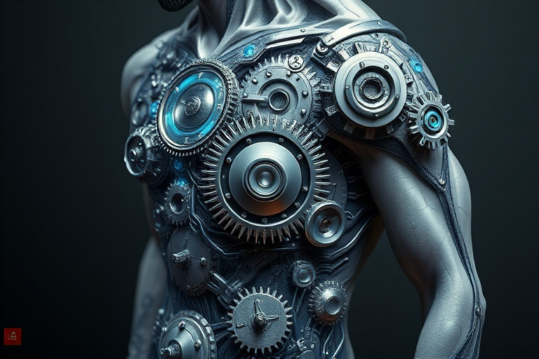 Realistic 3D biomechanical tattoo titled "Cybernetic Fusion" depicting hyper-detailed mechanical gears and circuits seamlessly blending with human anatomy using shades of metallic silver and electric blue