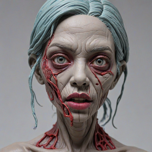 (perspective) of A creepy (ethnicity) zombie cyborg with (descriptive color) skin, (color) lipstick (color) liquid flowing from her eyes and mouth, (perspective two) portrait, (camera angle), extremely detailed, (art style) in the style of Yoshitaka Amano and Tetsuo Hara. --ar 85:128 --style raw --niji 6