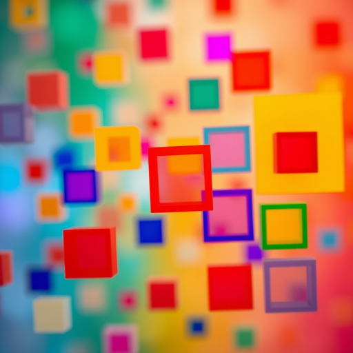 create a vibrant abstract composition featuring colorful floating squares in various sizes, with a soft bokeh background, captured with a Canon EOS R5, 50mm lens, f/1.8 aperture, ISO 200, using a shallow depth of field to enhance color contrast and clarity