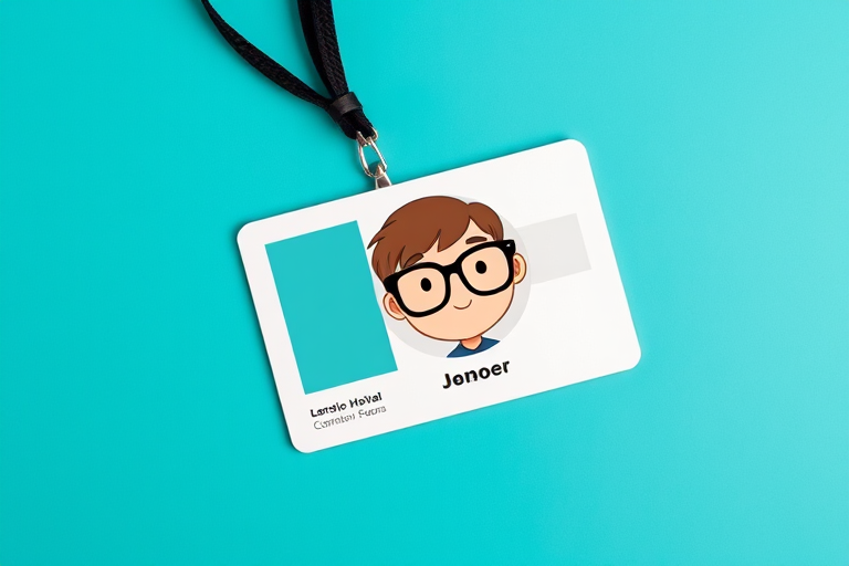 Create a digital ID card on a solid turquoise background featuring a cartoon-like character with glasses, using a high-resolution setting of 300 DPI, a macro lens for close-up detail, with a flat lay camera view to emphasize the ID card's layout.