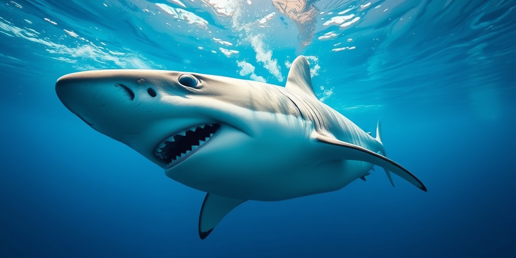 Generate a hyper-realistic 3D rendering of a great white shark swimming from a low-angle perspective with a wide aperture of f/2.8, ISO 100, shutter speed of 1/250s, using a digital DSLR camera to capture vibrant colors and detailed textures.