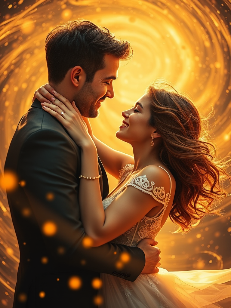A romantic couple embracing in a swirling, golden cosmic atmosphere, capturing emotion and movement, soft focus, aperture f/2.8, ISO 100, 50mm lens, portrait orientation, DSLR camera with warm lighting and high dynamic range.