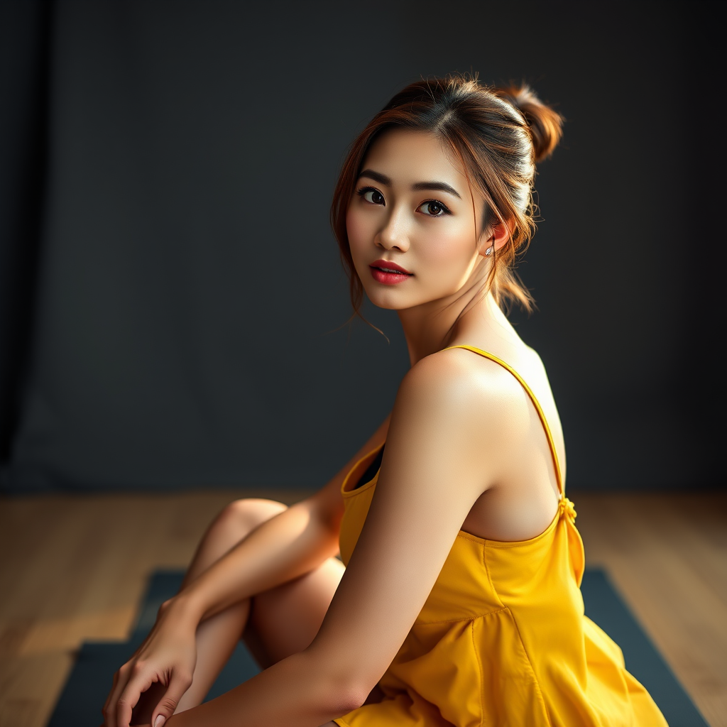 Resplendent photo of woman:Chinese:0.4, highlight hair, wearing Banana dress, sitting on Yoga mat, rim lighting, studio lighting, looking at the camera, dslr, ultra quality, sharp focus, tack sharp, dof, film grain, Fujifilm XT3, crystal clear, 8K UHD, highly detailed glossy eyes, high detailed skin, skin pores