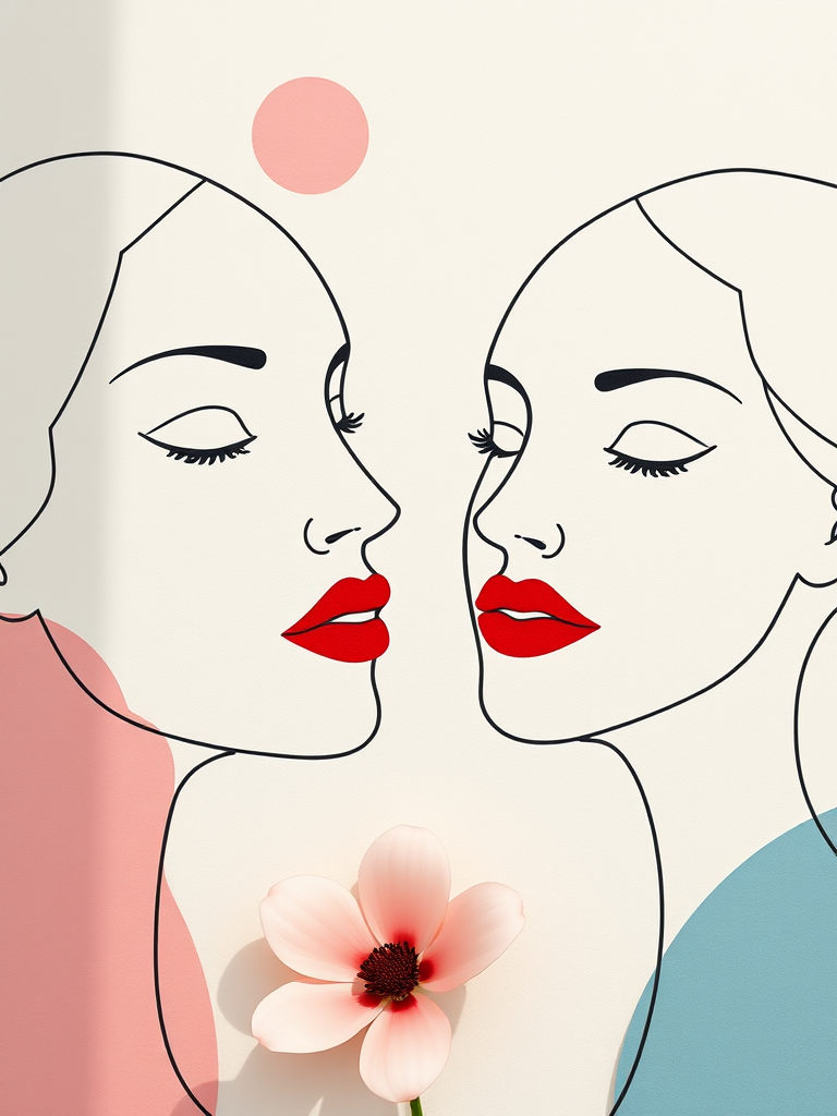 Create a minimalist line art portrait of two abstract faces with bold red lips, surrounded by soft pastel shapes and a single flower, captured with a Canon EOS R3, 50mm lens, f/1.8, ISO 100, in natural light, with a shallow depth of field to enhance details and colors.