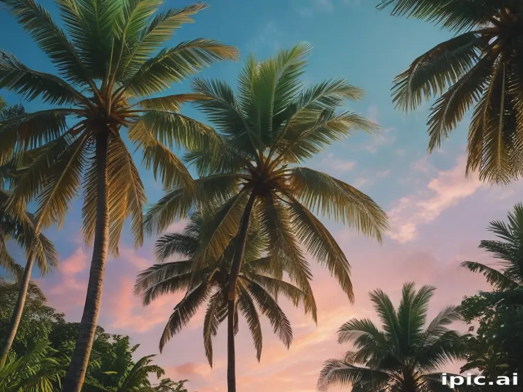Tranquil Tropical Scene with Lush Palm Trees Against a Colorful Sky