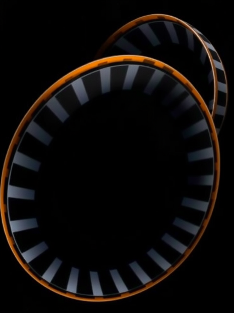 Create a high-resolution image of a spiral film strip with empty frames on a black background, using a DSLR camera with a 50mm lens, f/2.8 aperture, ISO 100, 1/250s shutter speed, in a top-down view.