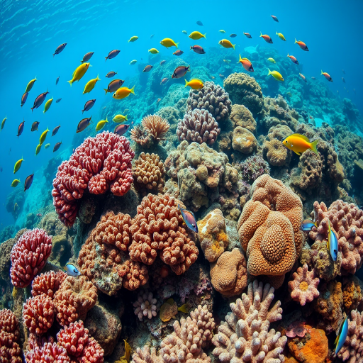 vibrant coral reef scene with various colorful fish swimming among coral formations, underwater perspective, wide-angle view, DSLR camera, f/8 aperture, 1/125 sec shutter speed, ISO 200, natural lighting