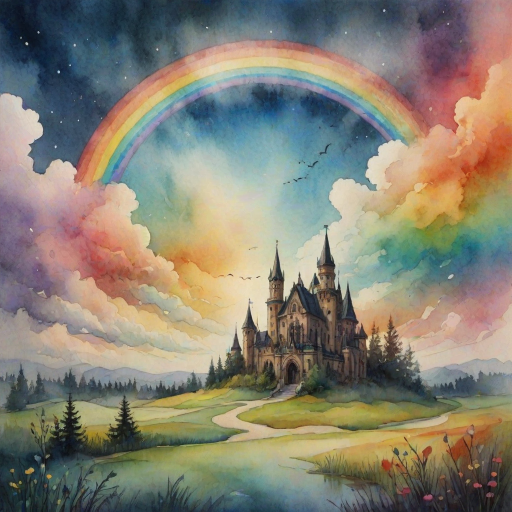 A whimsical and surreal sky with a vibrant rainbow, featuring dramatic lighting effects and a textured watercolor background, with a touch of gothic aesthetic.
