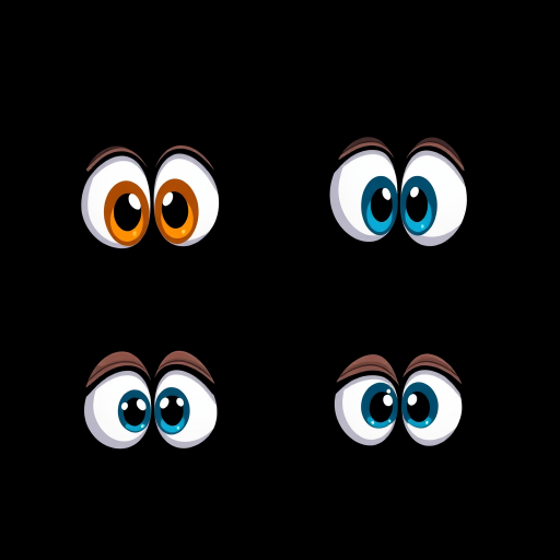 create a cartoon-style image of four pairs of cartoon eyes with exaggerated expressions on a solid black background, shot with a Canon EOS R5 at f/2.8, ISO 100, and a 50mm lens to ensure sharp focus and vibrant colors.