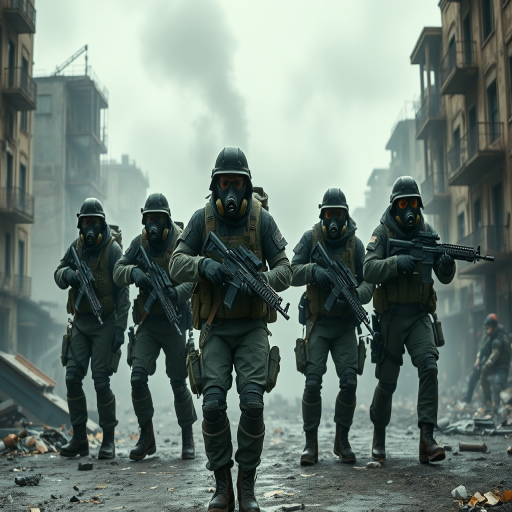 Create an image of a tactical squad in a post-apocalyptic cityscape, featuring five soldiers wearing gas masks and combat gear, armed with rifles, with a misty atmosphere and debris, shot with a DSLR camera at ISO 200, f/8 aperture, 24mm lens, and a shallow depth of field for enhanced detail.
