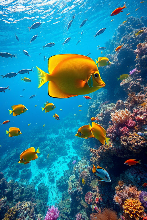 Generate a high-resolution digital artwork of a vibrant underwater scene showcasing diverse marine life including colorful fish and coral reefs, captured with a Canon EOS R5 camera at 24mm focal length, f/8 aperture, ISO 200, using a wide-angle lens and natural lighting to enhance clarity and detail.