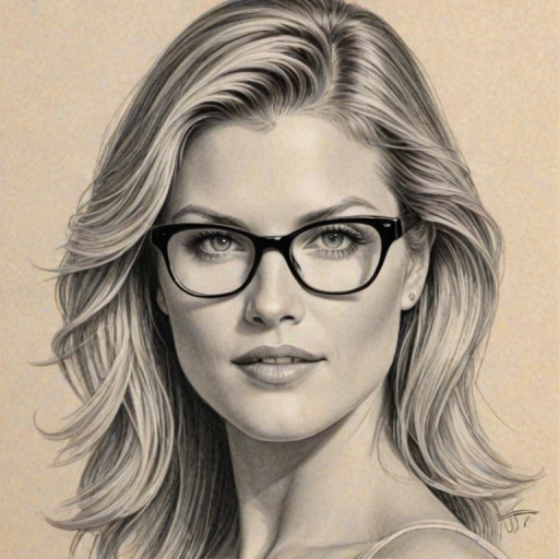 Alluring Ali Larter, pencil sketch, portrait of Graceful woman 1980s in glasses, hair style beatnik, outline, clear lines, fine lines, 8k