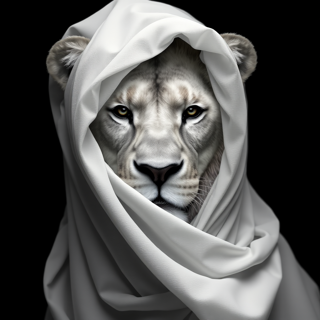 A hyper-realistic digital portrait of an lion with fabric draped over its head. The fabric is sheer and lightweight, allowing the contours of the lion’s face to show through, including its ears, eyes, and nose. The texture of the fabric is smooth and flowing, with delicate folds and creases that suggest softness and movement. The lion’s expression is serene and contemplative. The image focuses on the interplay of light and shadow on the fabric and the lion's face, creating a monochromatic palette of whites and grays. The background is a simple, nondescript dark shade to highlight the subject.