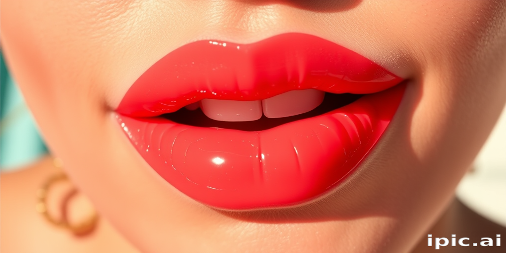 Vibrant coral sunset lips with a glossy finish, called "Tropical Breeze," featuring a subtle ombré effect and a plumping formula for fuller appearance