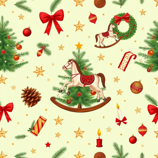 Create a seamless pattern with Christmas elements including a Christmas tree, rocking horse, pine cone, wreath, ornaments, candle, and stars on a light green background, captured with a Canon EOS R5, 50mm lens, f/8 aperture, ISO 100, top-down view, high-detail illustration style.