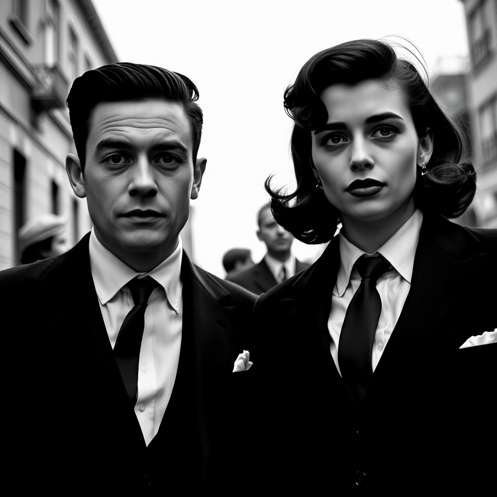 Black-and-white photograph, couple, tailored suits, retro hairstyles, film noir style, Tilt the camera for a dynamic Dutch angle using a versatile 24-70mm lens