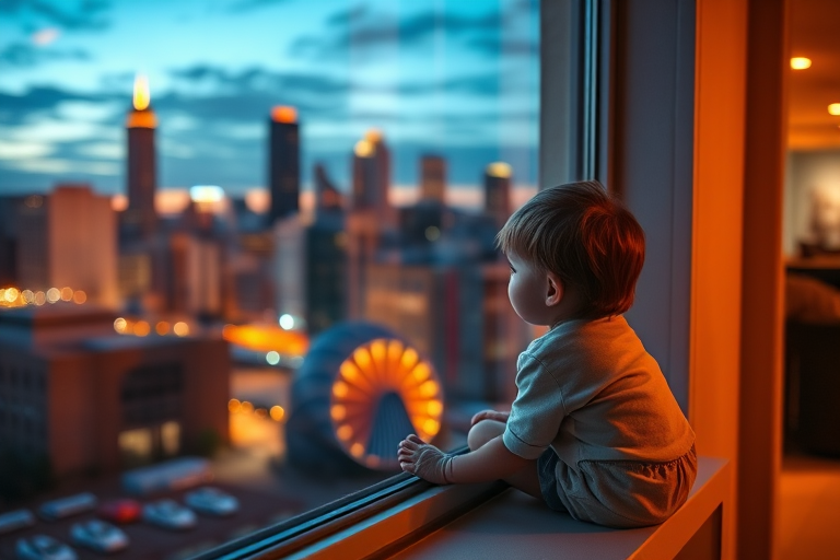 A child sitting on a windowsill looking out at a city skyline at dusk, captured with a Canon EOS R5, 50mm lens, f/1.8, ISO 400, 1/60 sec, natural soft lighting, shallow depth of field, and vibrant color enhancement for atmospheric effect.