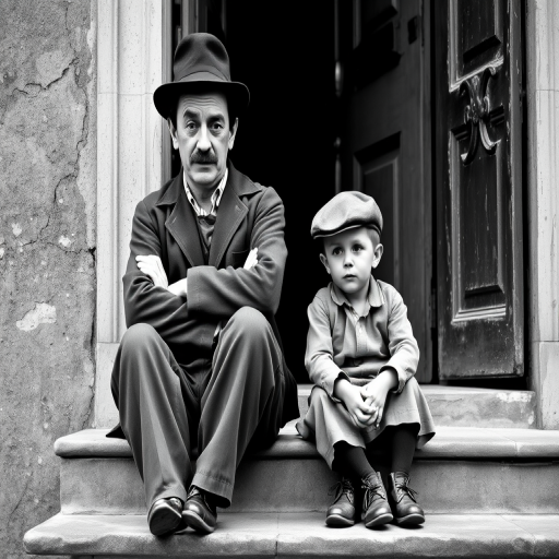 A black-and-white photograph of a man and a child sitting on steps in front of a doorway. The man is dressed as a tramp with a bowler hat, mustache, and ragged clothes, reminiscent of Charlie Chaplin's iconic look. He is sitting with his arms crossed and an expression of slight sadness or frustration. Next to him is a young boy, also in worn clothes and a cap, sitting with his hands clasped, looking thoughtful. The background is an old, textured wall and a partially open door, creating a vintage, early 20th-century atmosphere.