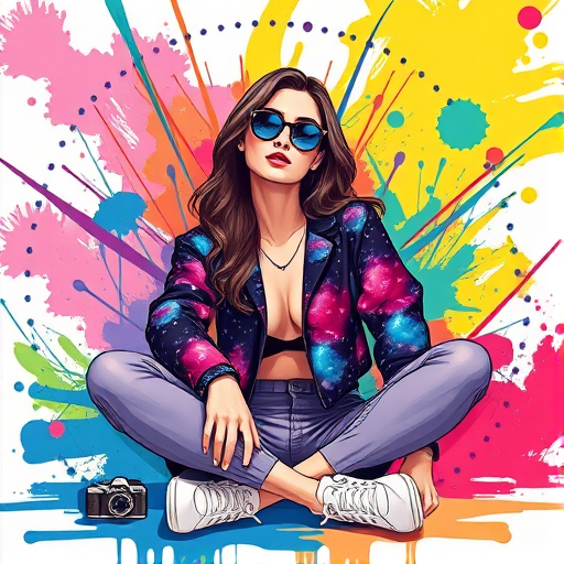 Create an illustration of a woman in sunglasses with a galaxy-themed outfit sitting in a relaxed pose against a colorful paint splash background, using a Canon EOS R5 camera with an aperture of f/2.8, shutter speed of 1/200s, ISO 100, taken from a slightly elevated angle for depth, employing a vibrant color palette and clear outlines to enhance visual quality.