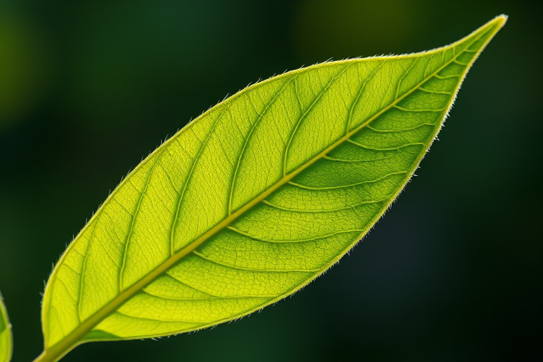 Create a high-resolution image of a single green leaf with a detailed texture, captured with a macro lens at f/2.8, ISO 100, 1/200s shutter speed, in natural lighting against a blurred background, using a DSLR camera.