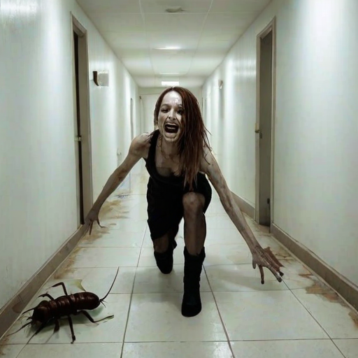 a crooked woman with long arms and a creepy smile is crawling along a long white corridor and you can also see cockroaches in it there is a creepy atmosphere creepy art style
