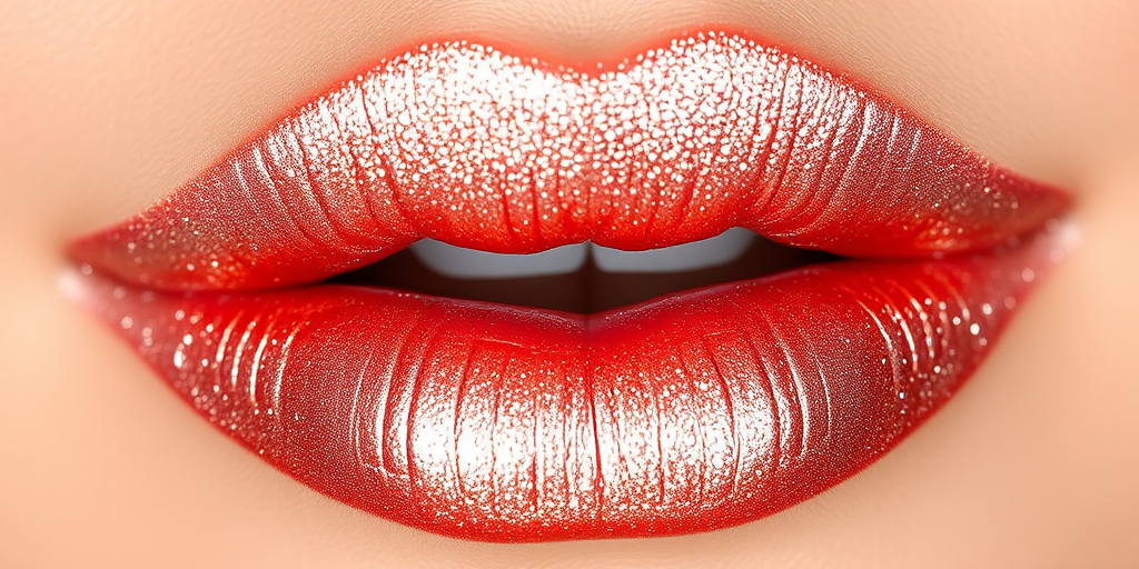 Shimmering rose gold metallic lips with a holographic sheen and multidimensional sparkle, named "Celestial Champagne Kiss"