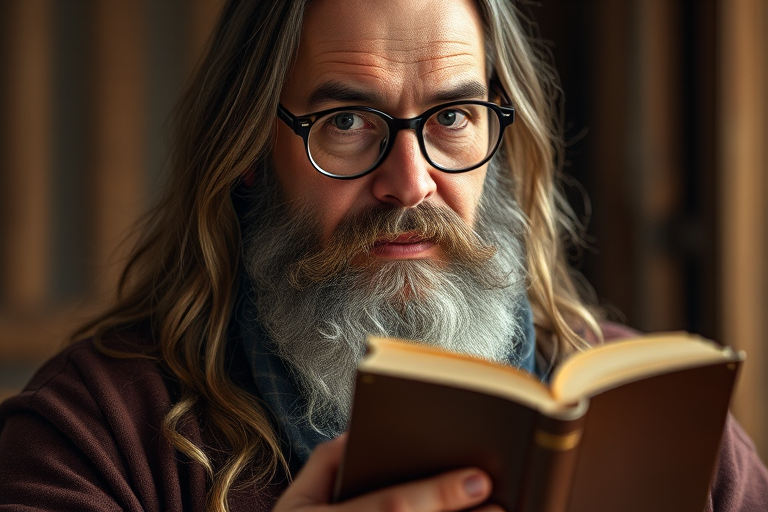 portrait of a wise man with long hair and glasses, holding a book, soft warm lighting, 85mm lens, f/1.8 aperture, ISO 100, shallow depth of field, classic oil painting style, high-resolution digital camera