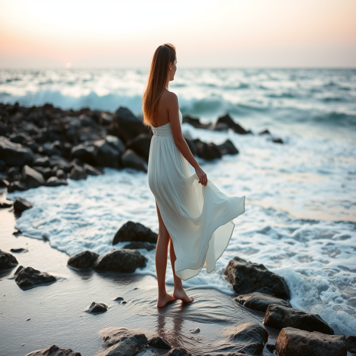 Soft-focus image of a woman in a flowing white dress standing barefoot on a rocky shoreline at sunset, soft waves crashing against the rocks, with pink and orange hues reflecting off the water.